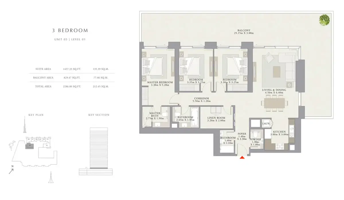 EMAAR Creek Palace Dubai 3 BR Floor Plan 2,286 Sq. Ft.