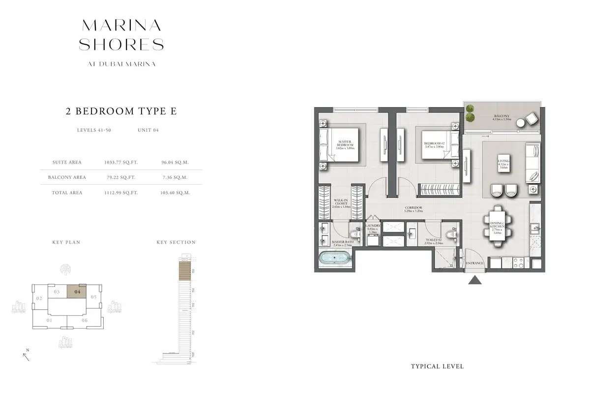 EMAAR Marina Shores Dubai 2 BR Floor Plan 1,112 Sq. Ft.