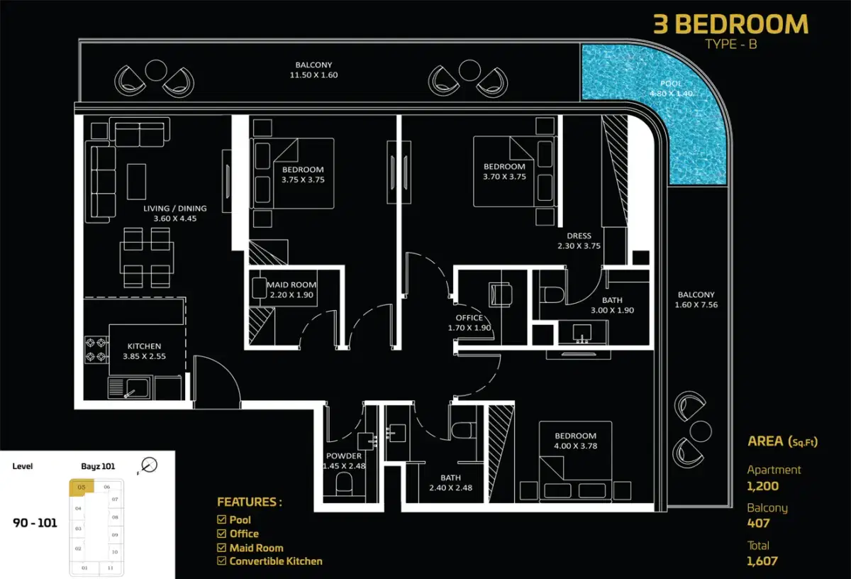 DANUBE Bayz 101 Dubai 3 BR Floor Plan 1,607 Sq. Ft.