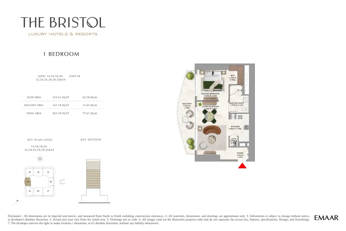 Emaar The Bristol Apartments 1 BR Floor Plan 835 Sq. Ft.