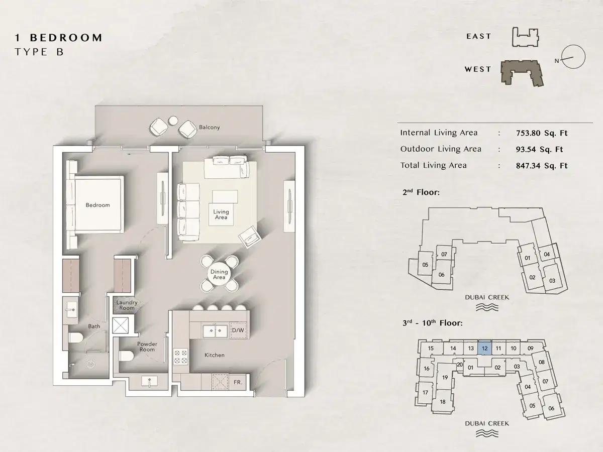 Ellington Art Bay Dubai Al Jaddaf 1 BR Apartment Floor Plan