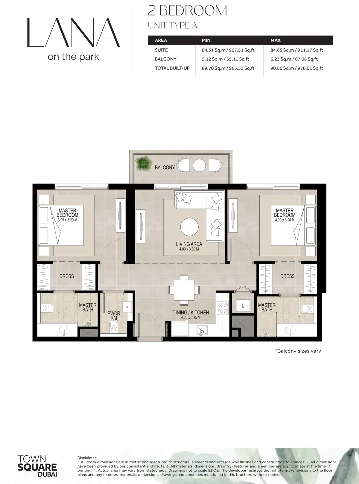 Nshama Lana On The Park Dubai 2 BR Floor Plan 978 Sq. Ft.