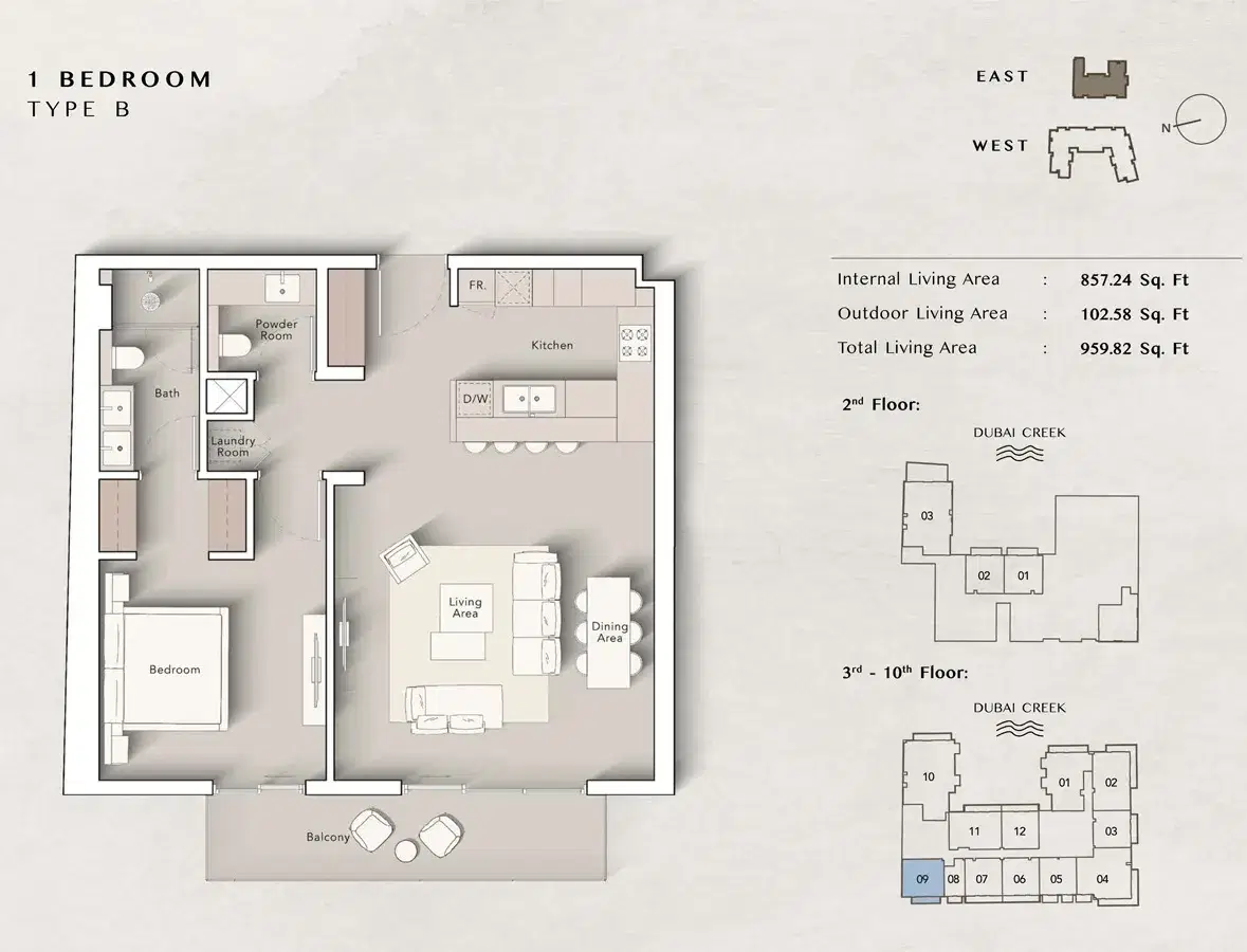 Ellington Art Bay Dubai Al Jaddaf 1 BR Apartment Floor Plan