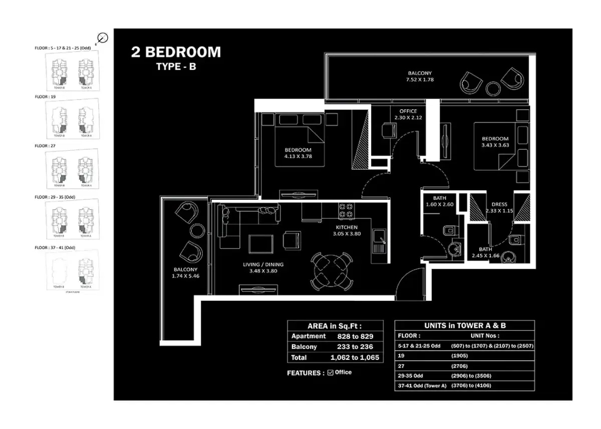 Danube Elitz 2 Dubai 2 BR Floor Plan 1,065 Sq. Ft.