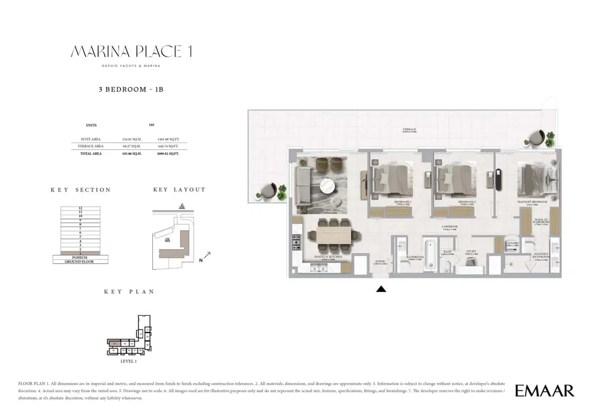 Emaar Marina Place 3 BR Floor Plan 2,099 Sq. Ft.