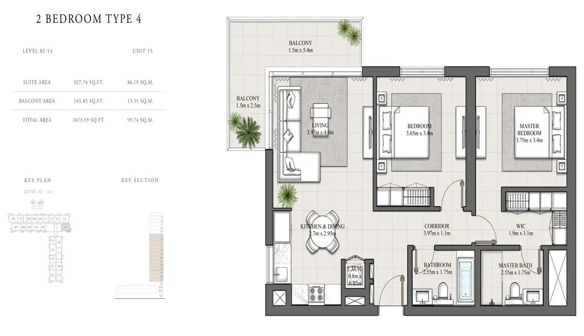 EMAAR Hills Park Dubai 2 BR Floor Plan 1,073 Sq. Ft.