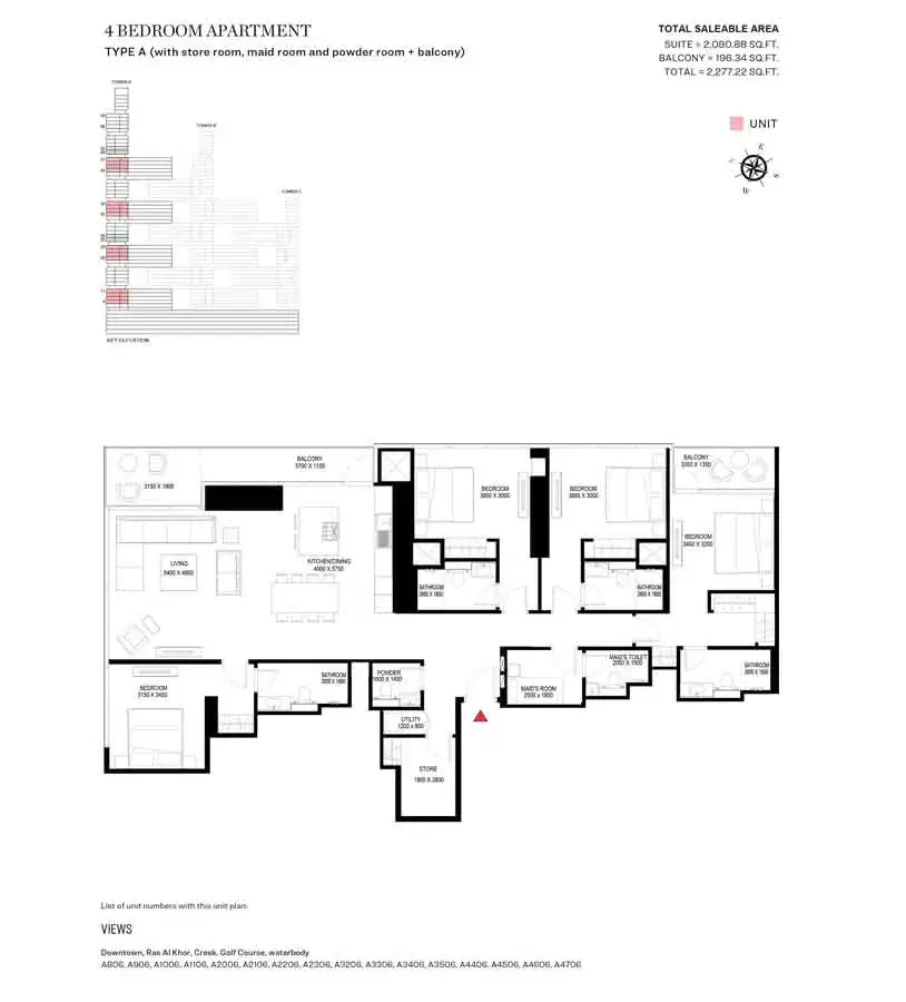 Sobha One & Sobha Hartland 2 Dubai 4 BR Floor Plan 2,277 Sq. Ft.