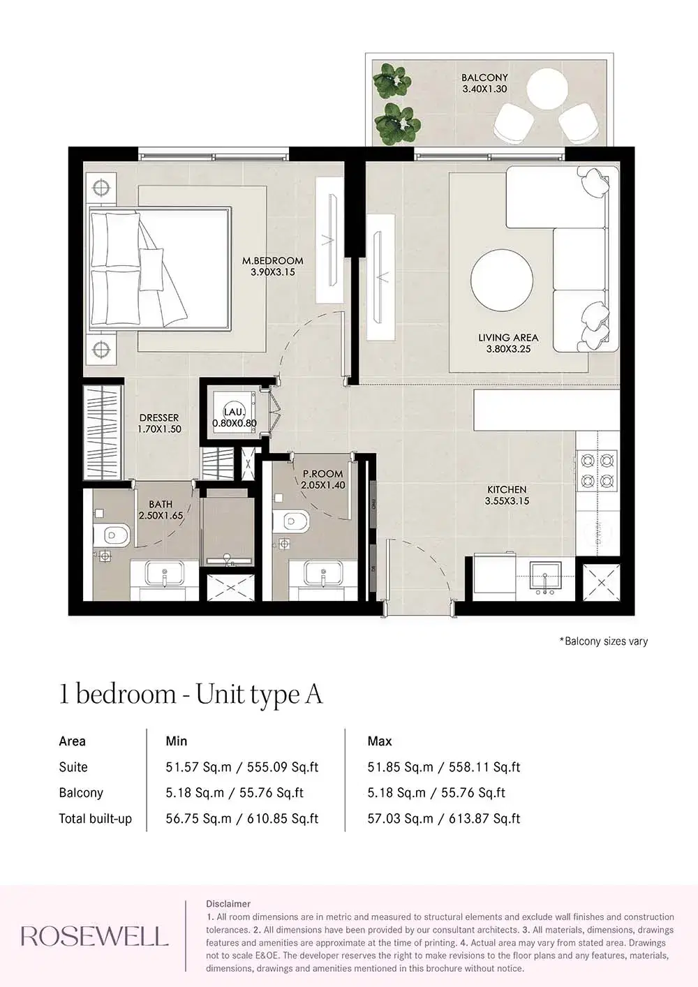 Nshama Rosewell At Town Square Dubai 1 BR Apartment Floor Plan