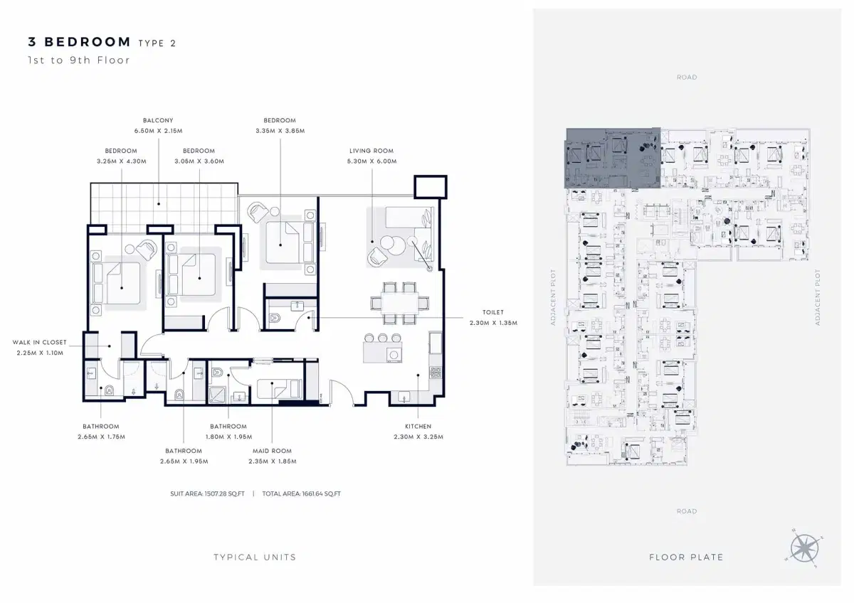 AZIZI Central Dubai 3 BR Floor Plan 1,661 Sq. Ft.