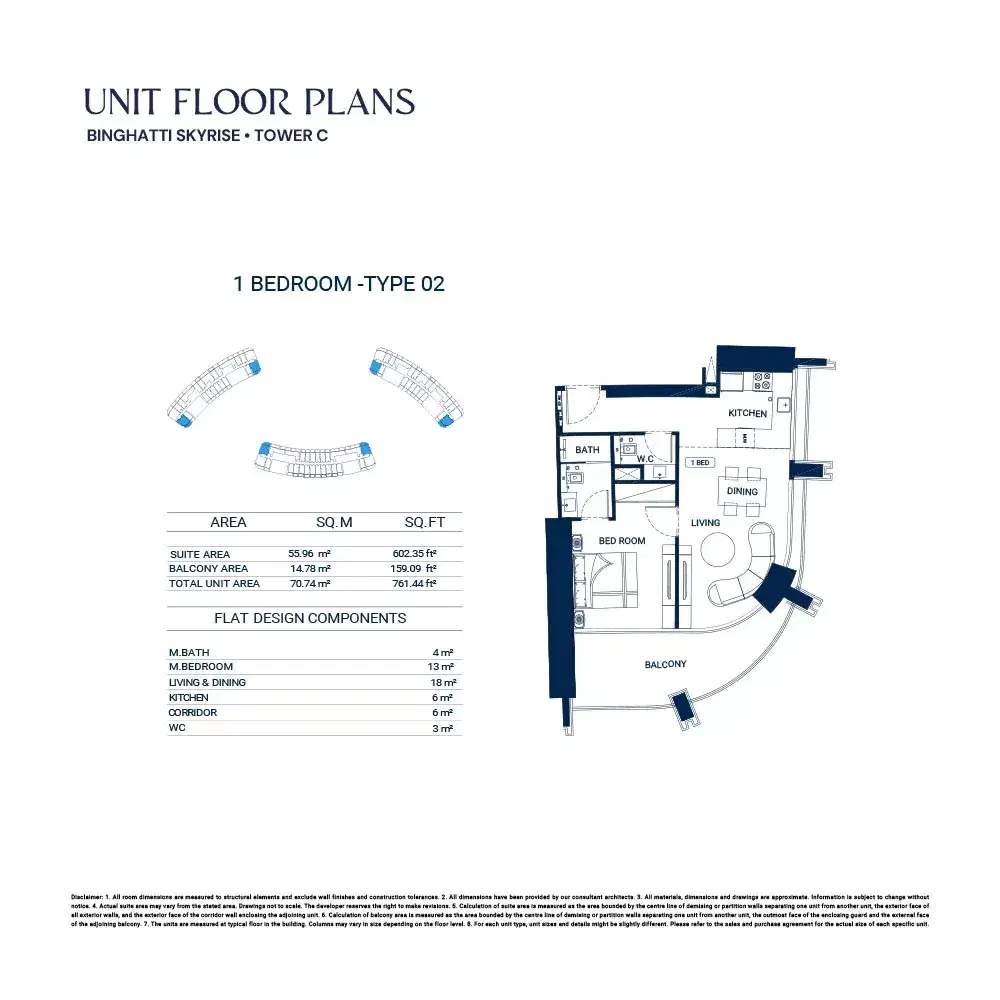 Binghatti Skyrise 1 BR Floor Plan 761 Sq. Ft.