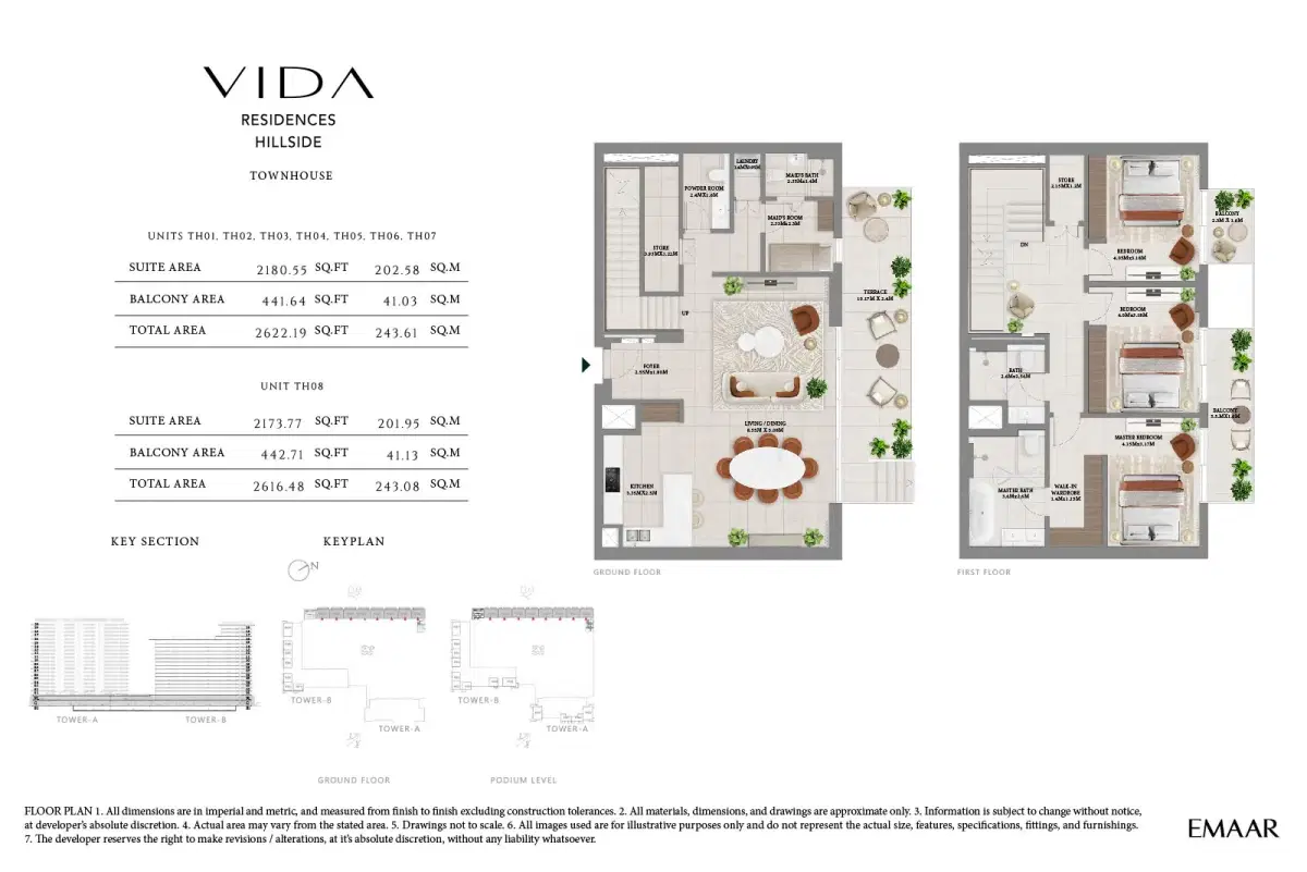 Emaar Vida Residences Hillside At Dubai Hills Estate 3 Bedroom Townhouses Type-1 Floor Plan
