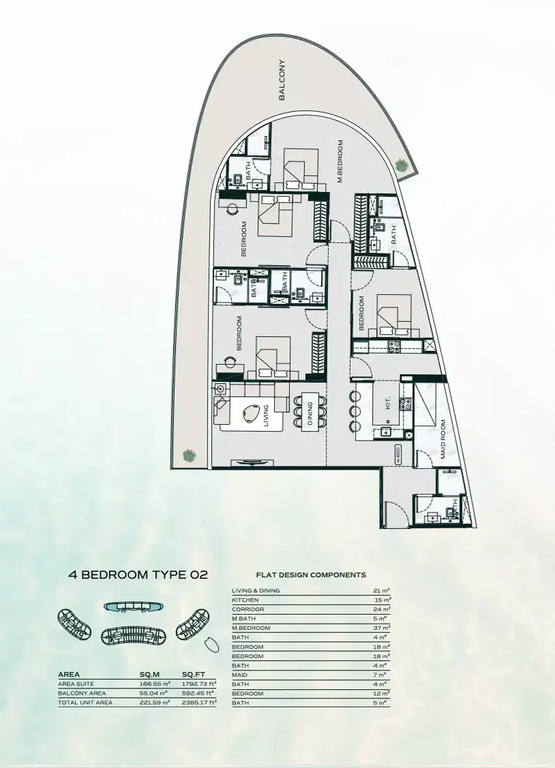Binghatti Aquarise at Business Bay Dubai 4 BR Floor Plan 2,385 Sq. Ft.