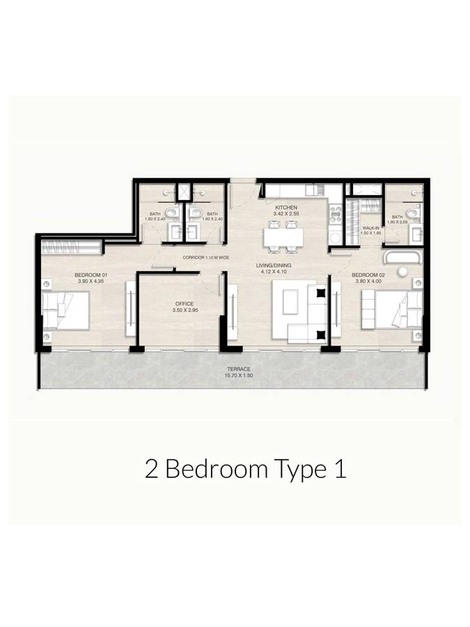 Serene Gardens 2 Al Furjan By Prescott 2 BR Apartment Floor Plan