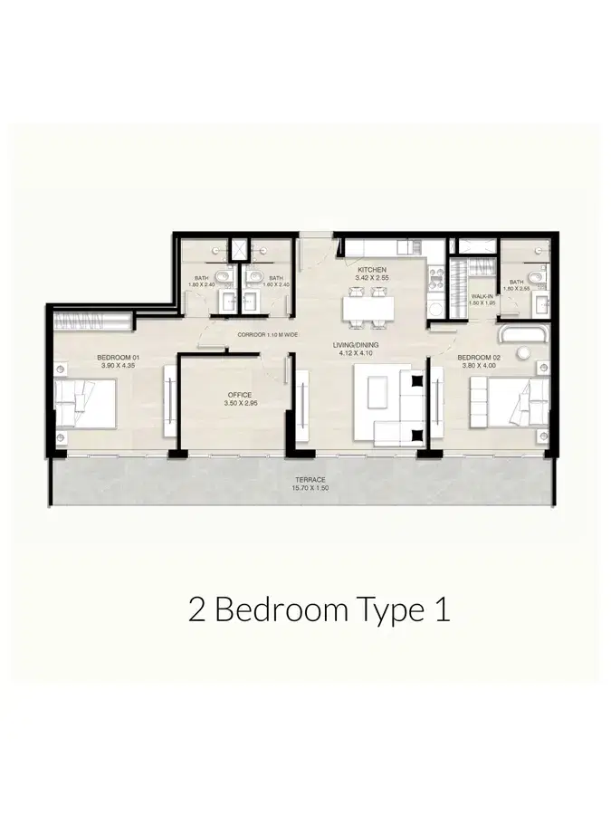 2 BR Apartment Floor Plan 1,100 Sq. Ft.