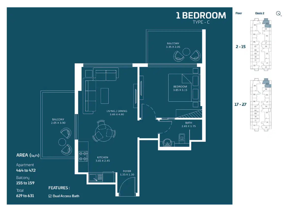 Danube Oasiz 2 At Dubai Silicon Oasis 1 BR Apartments Floor Plan