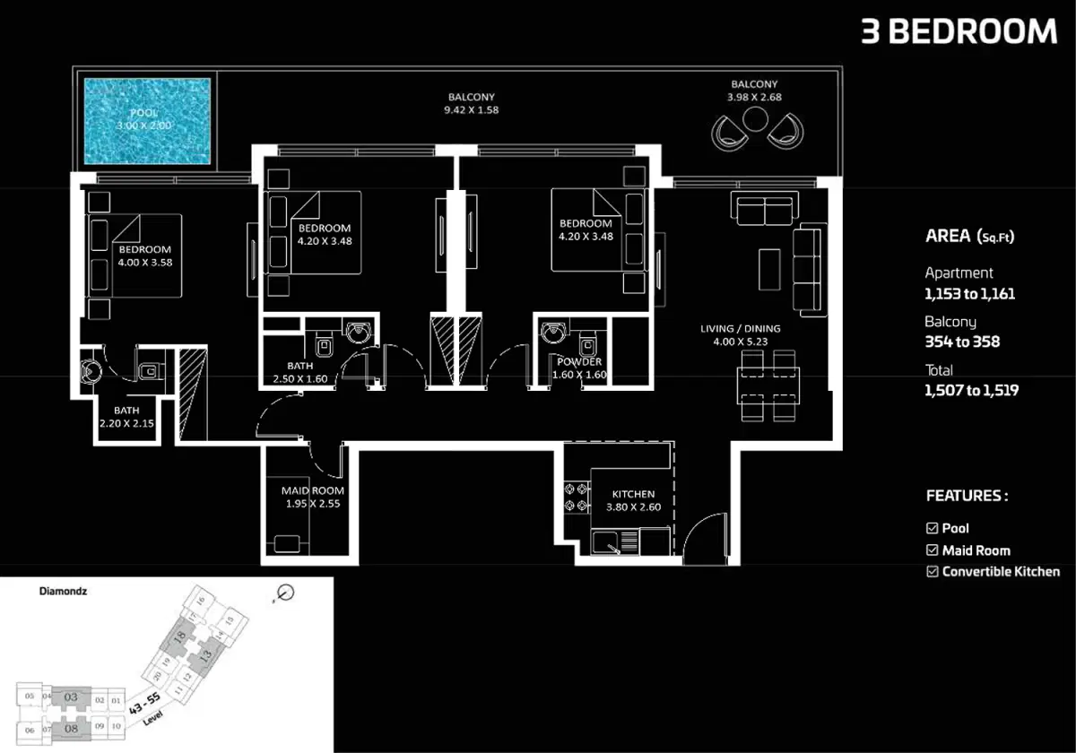 Danube Diamondz Jumeirah Lake Towers 3 Bedroom Apartments Floor Plan