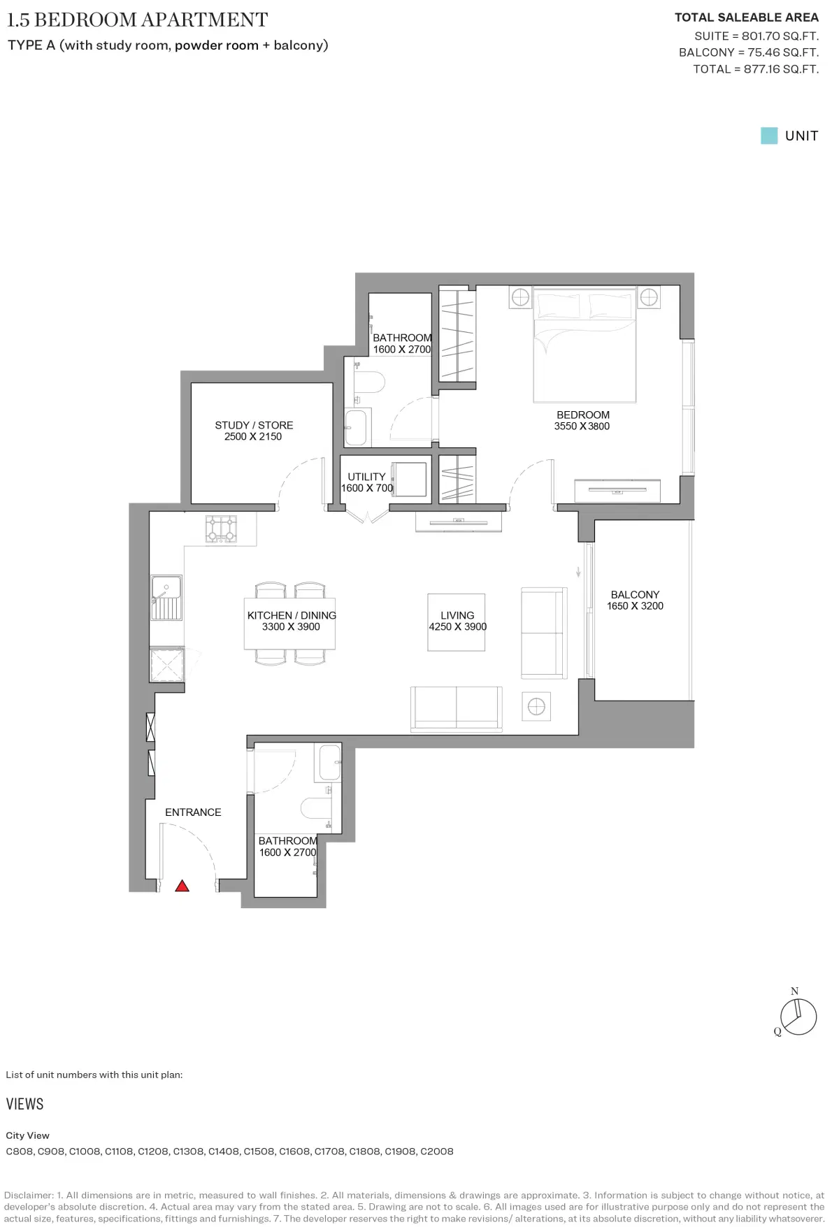 Sobha Skyscape Aura Dubai 1.5 BR Floor Plan 877 Sq. Ft.