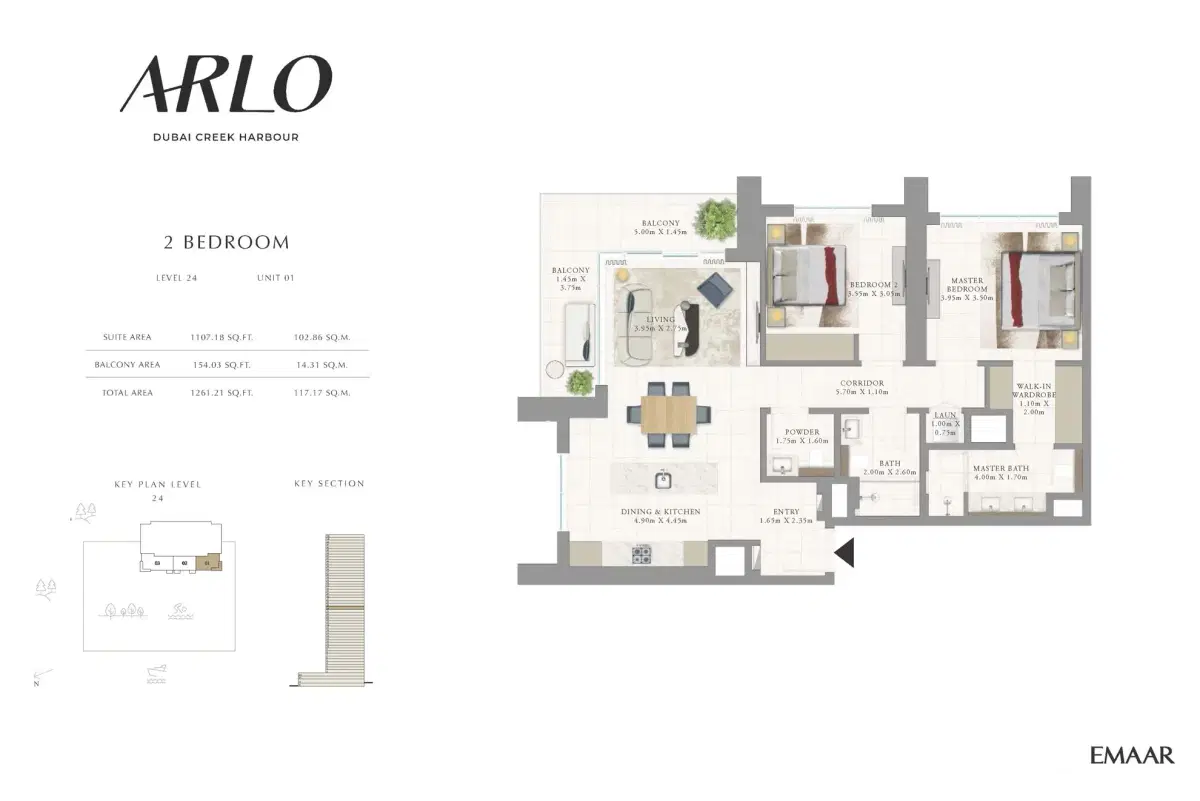 Emaar ARLO Dubai 2 BR Floor Plan 1,261 Sq. Ft.