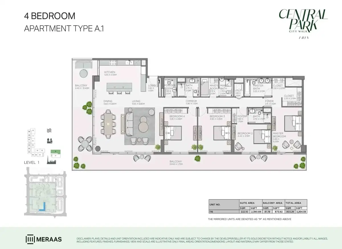 Erin Central Park Dubai 4 BR Floor Plan 3,264 Sq. Ft.