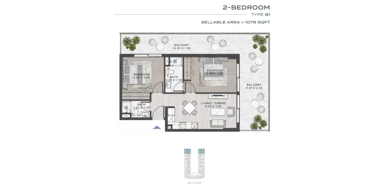 Damac Elo 3 Dubai 2 BR Floor Plan 1,078 Sq. Ft.