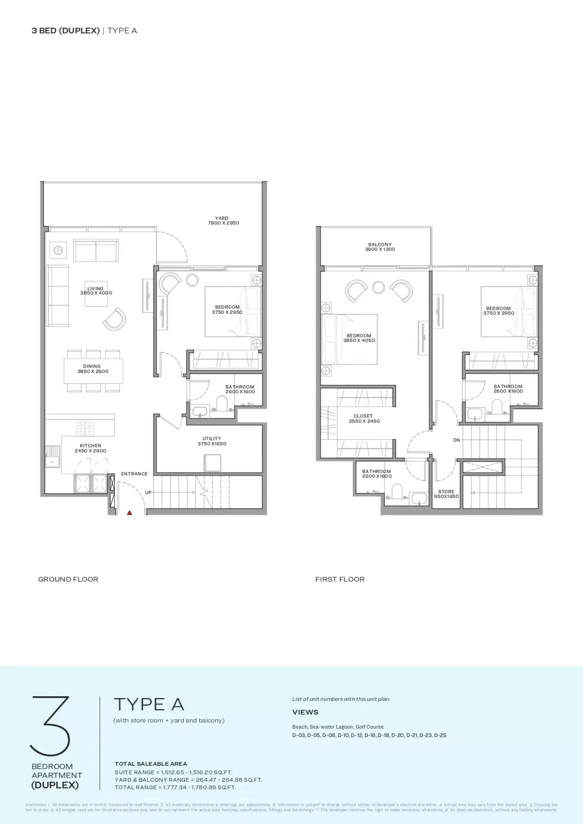 Sobha Coraline Beach Residences On Siniya Island 3 Bedroom Duplex Apartments Floor Plan