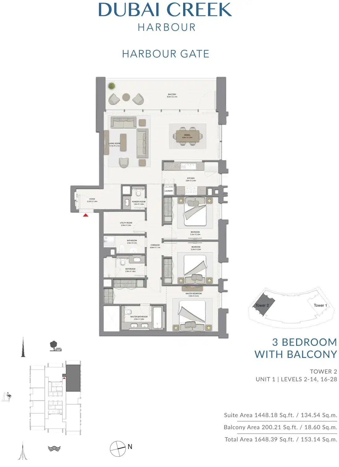 EMAAR Harbour Gate Dubai 3 BR Floor Plan 1,648 Sq. Ft.