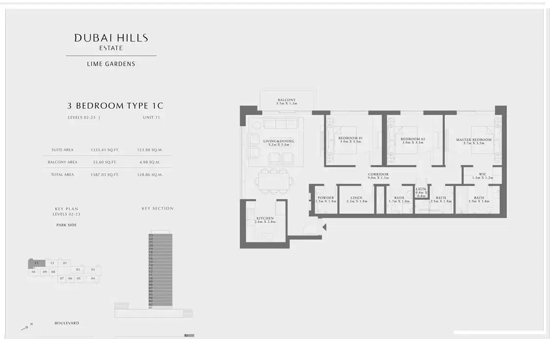 EMAAR Lime Gardens Dubai 3 BR Floor Plan 1,387 Sq. Ft.