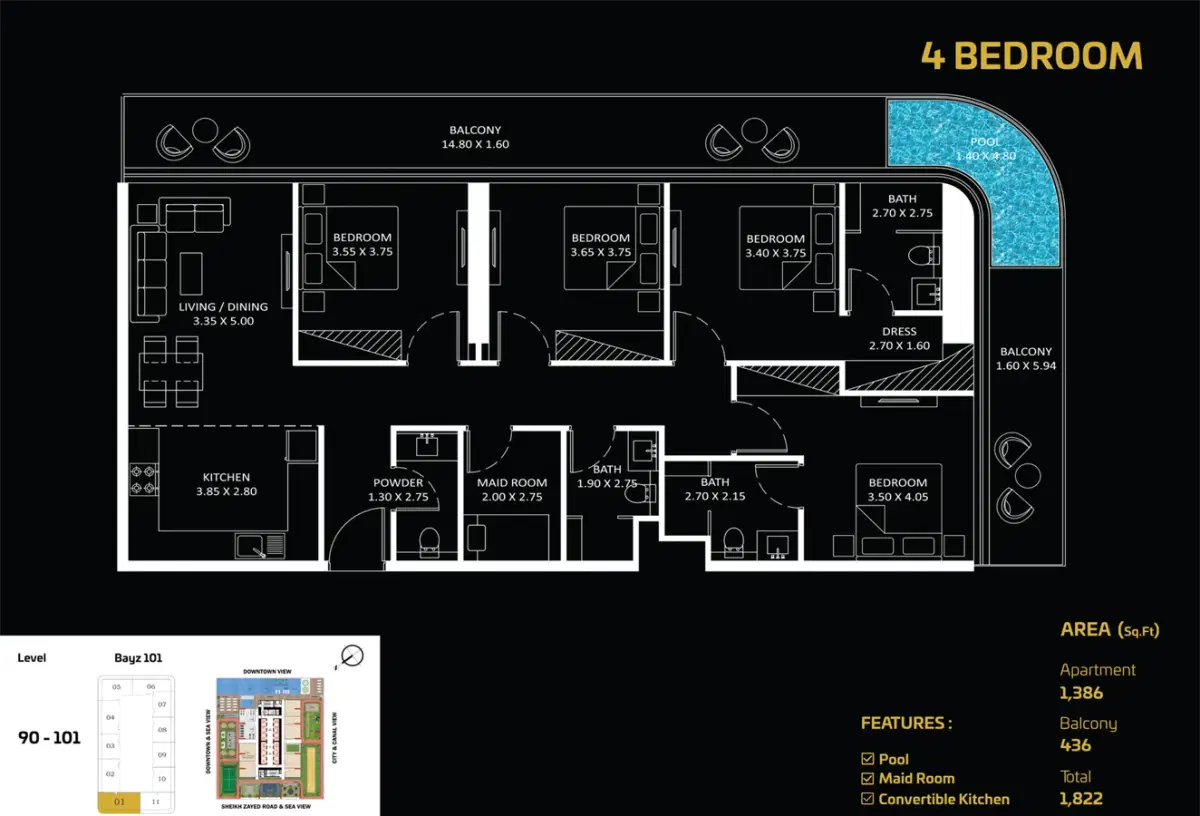 Danube Bayz 101 Business Bay 4 Bedroom Apartments Floor Plan