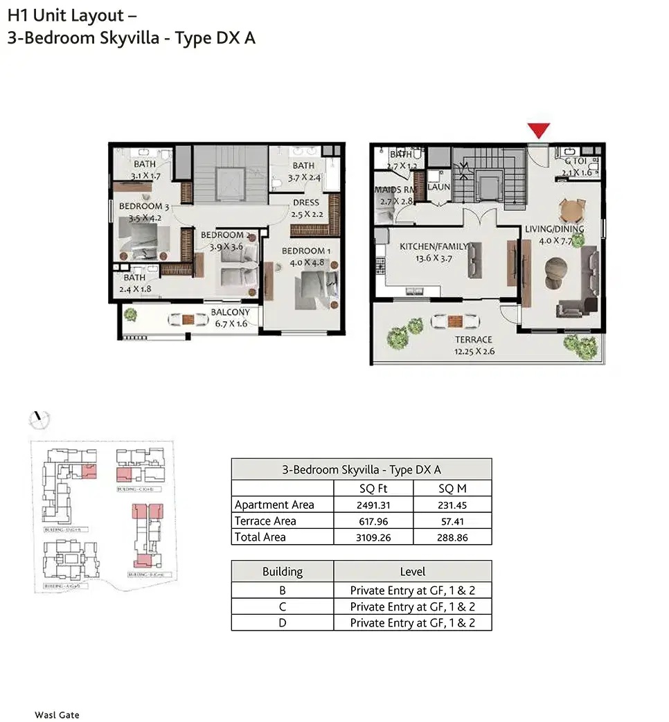 Hillside Residences at Wasl Gate 3 BR Skyvilla Floor Plan