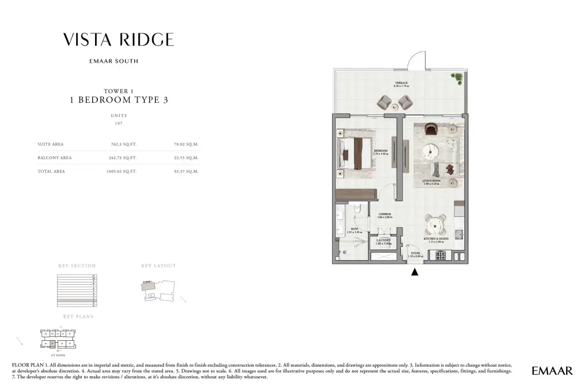 Emaar Vista Ridge at Emaar South 1 BR Floor Plan 1,005 Sq. Ft.
