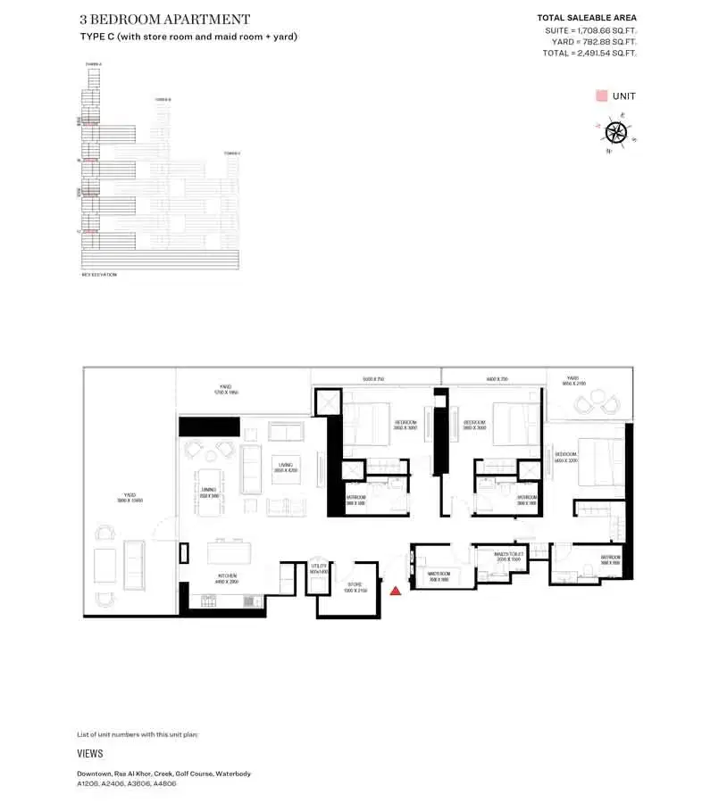 Sobha One & Sobha Hartland 2 Dubai 3 BR Floor Plan 2,491 Sq. Ft.