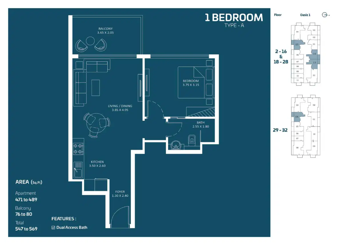 Danube Oasiz in Dubai Silicon Oasis 1 BR Floor Plan 569 Sq. Ft.
