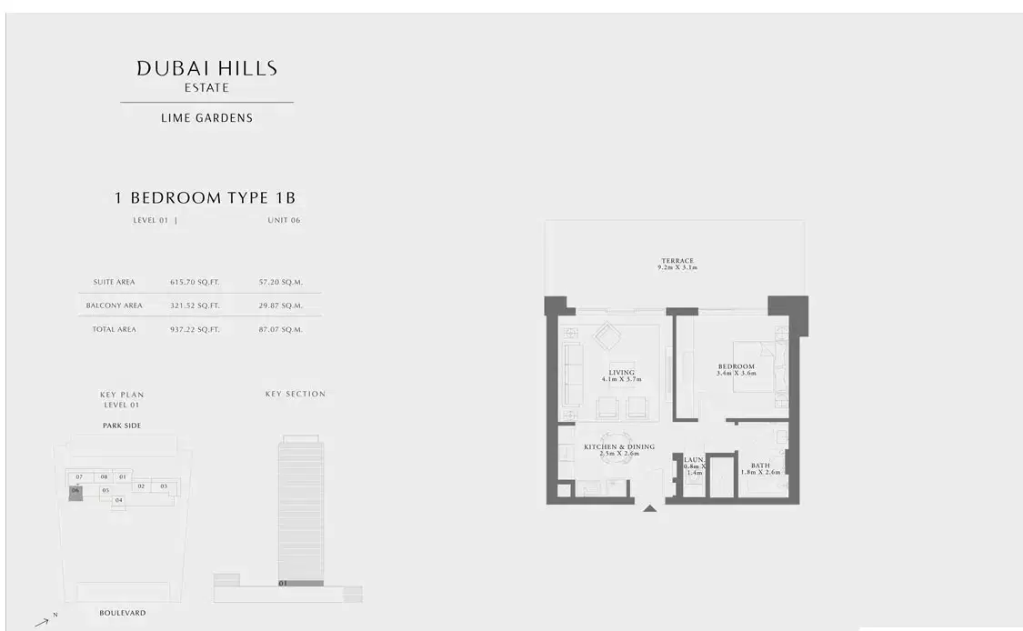 EMAAR Lime Gardens Dubai 1 BR Floor Plan 937 Sq. Ft.