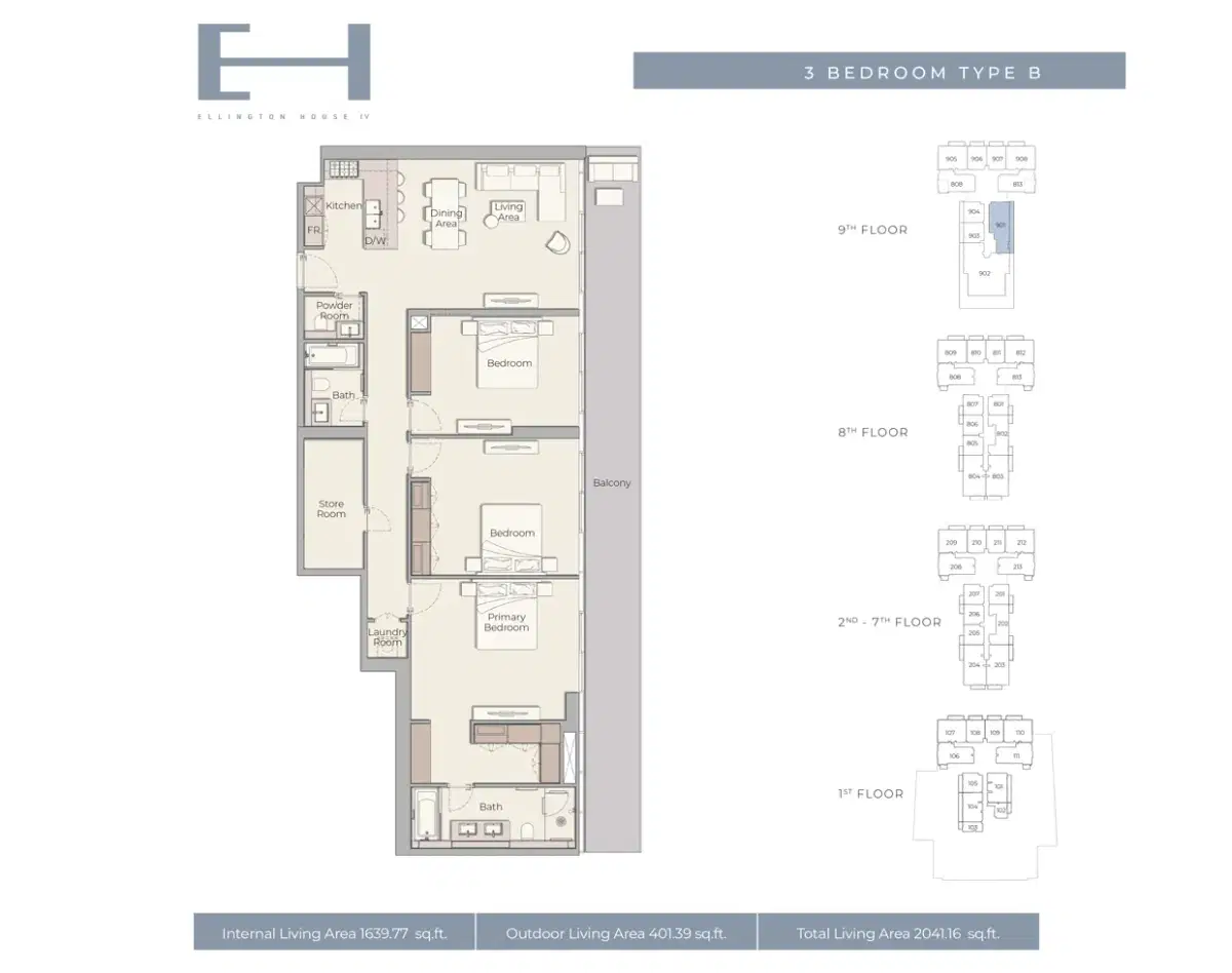 Ellington House 4 Dubai 3 BR Floor Plan 2,041 Sq. Ft.