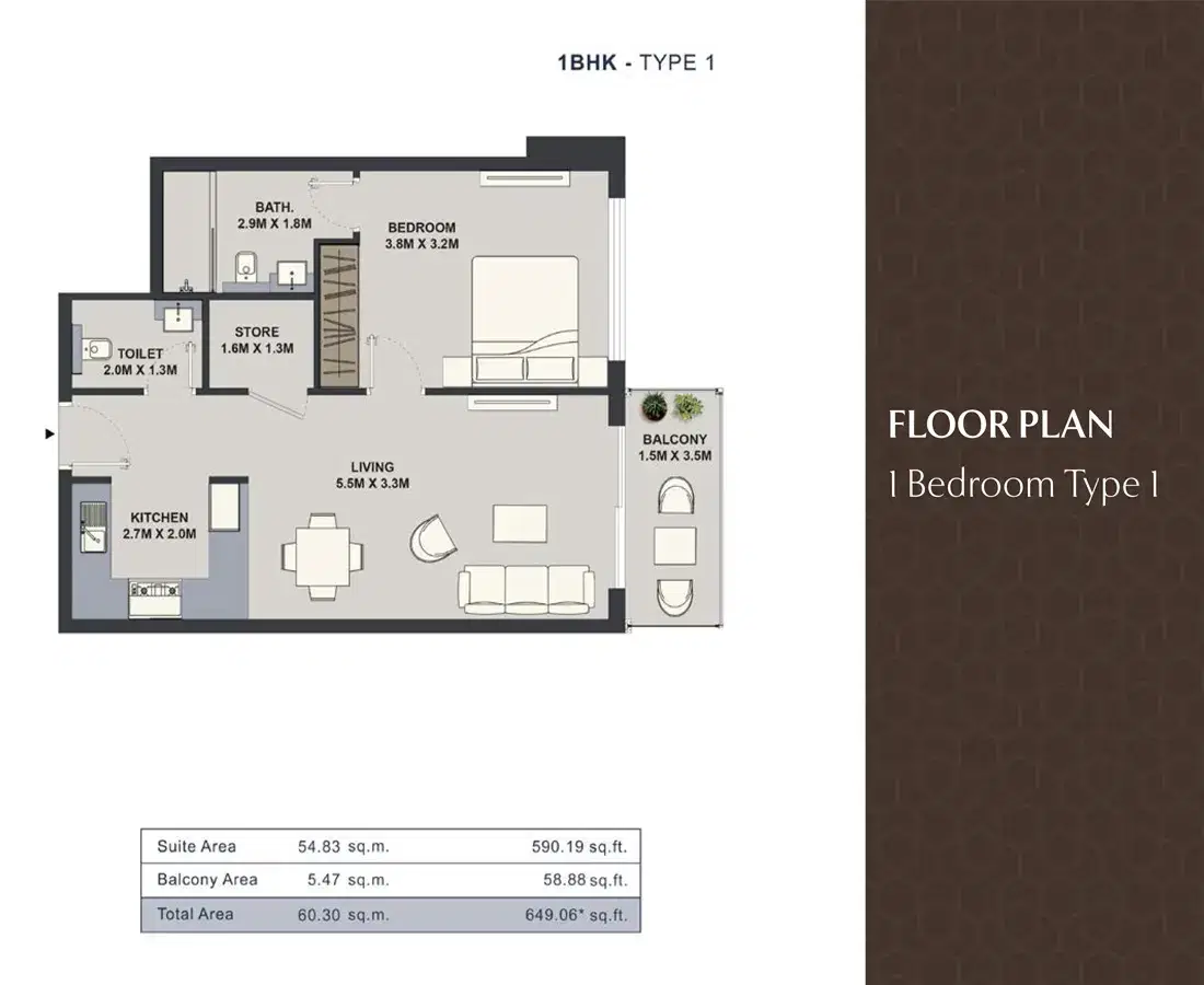 1 BR Floor Plan 649 Sq. Ft.