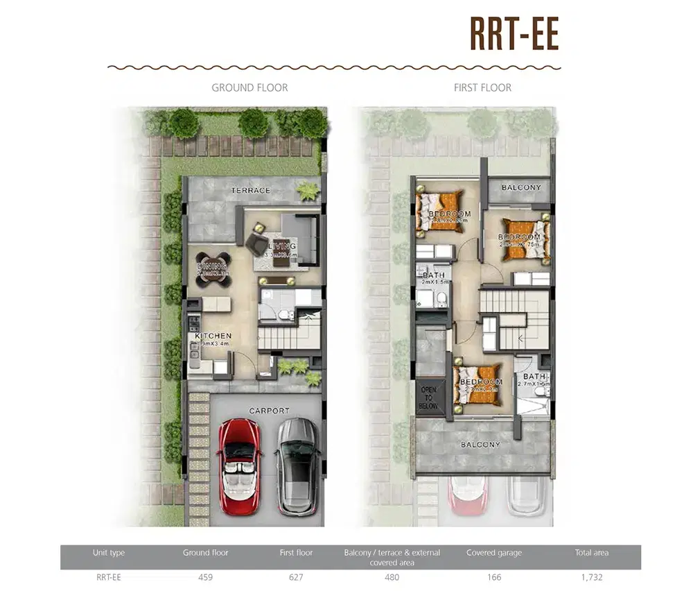 Sahara Villas Dubai 3 BR Floor Plan 1,732 Sq. Ft.