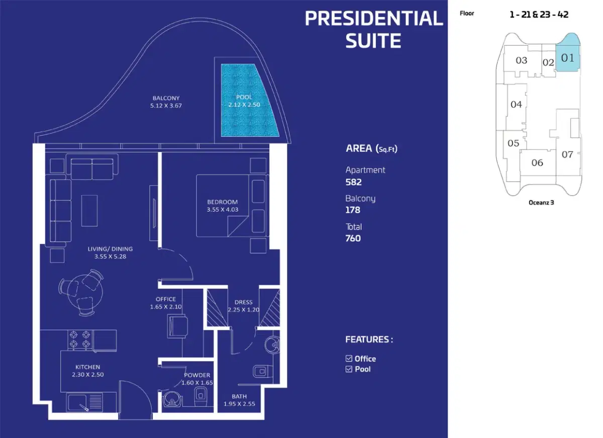 Danube Oceanz Tower 3 1 Bedroom Apartments Floor Plan