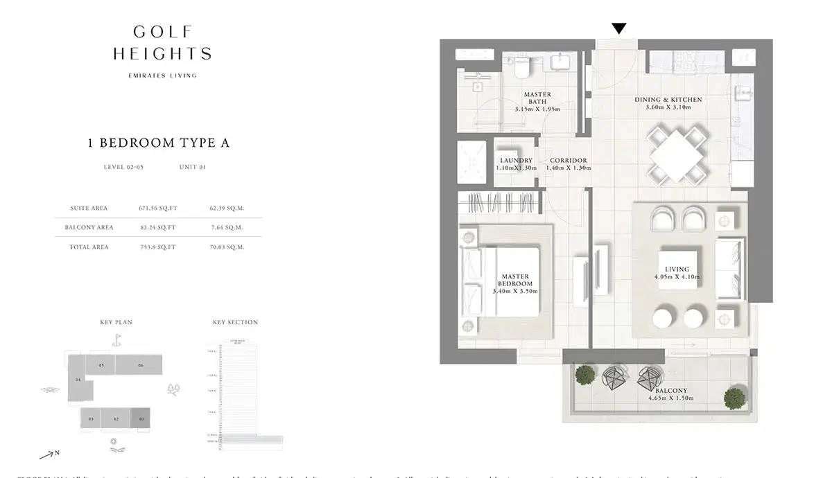 EMAAR Golf Heights Dubai 1 BR Floor Plan 753 Sq. Ft.