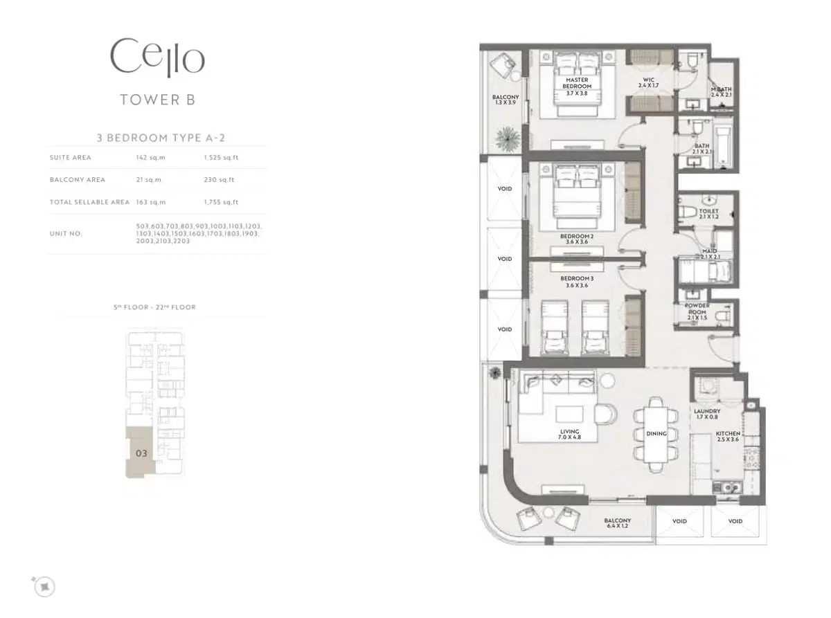 Taraf Cello Dubai Jumeirah Village Circle 3 BR Apartment Floor Plan