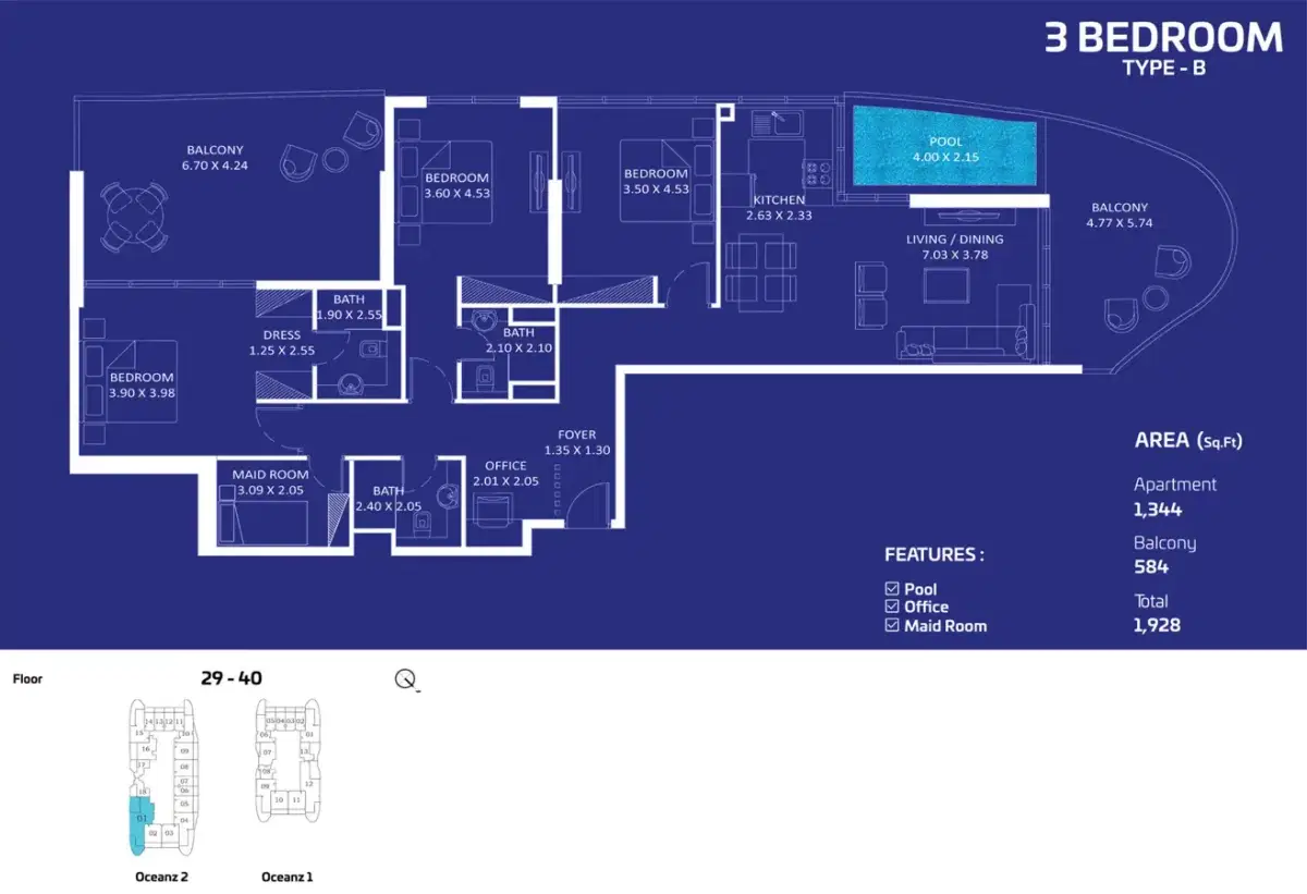 Oceanz by Danube Dubai 3 BR Floor Plan 1,928 Sq. Ft.