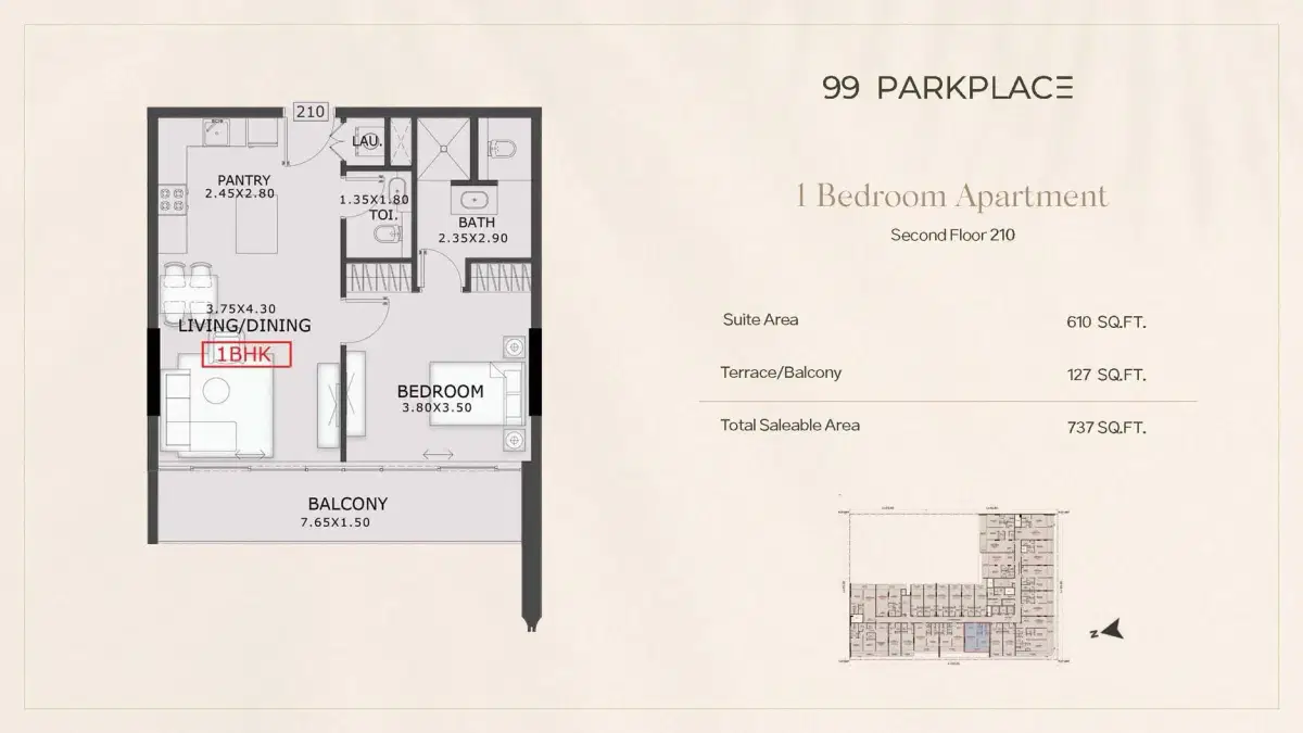 99 Park Place Dubai 1 BR Floor Plan 737 Sq. Ft.
