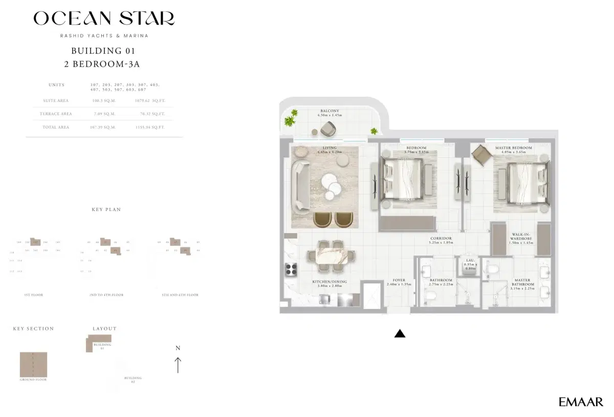 Emaar Ocean Star Dubai 2 BR Floor Plan 1,155 Sq. Ft.