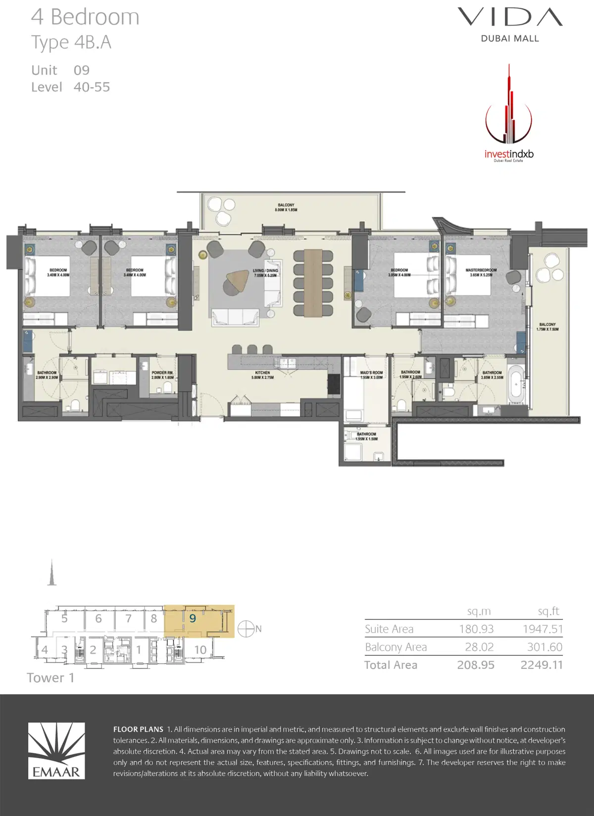 EMAAR Vida Dubai Mall Residences 4 BR Floor Plan 2,249 Sq. Ft.