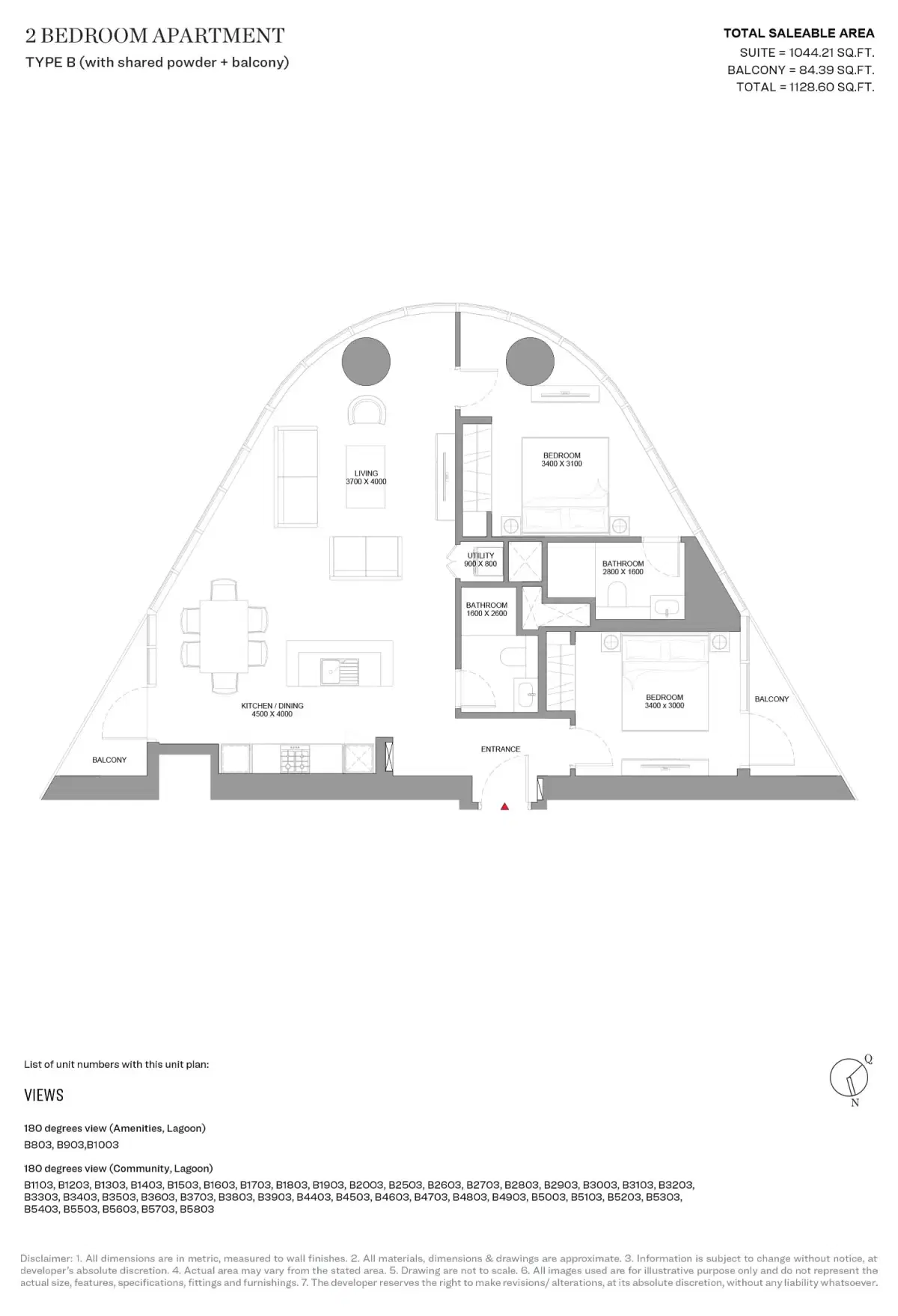 Sobha Hartland 2 Skyvue Solair 2 BR Floor Plan 1,128 Sq. Ft.