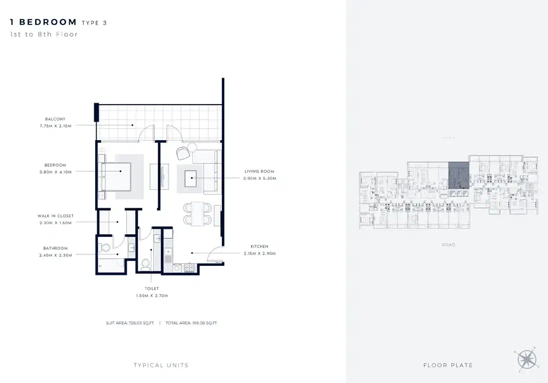 Azizi Vista 1 BR Floor Plan 918 Sq. FT.