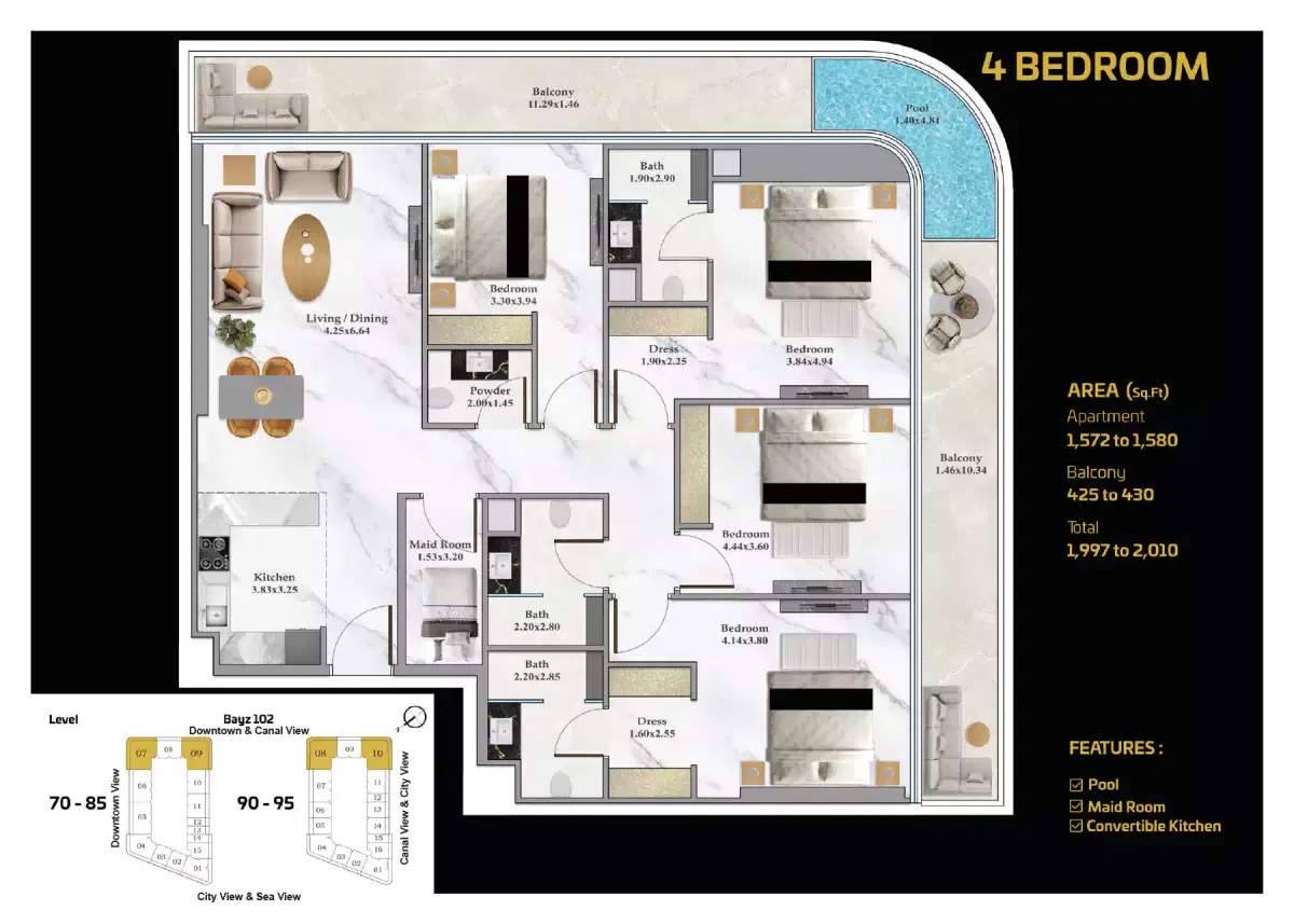 Danube Bayz 102 In Business Bay Dubai 4 Bedroom Apartments Floor Plan
