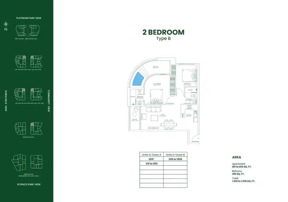 DANUBE Opalz Dubai 2 BR Floor Plan 1,016 Sq. Ft.