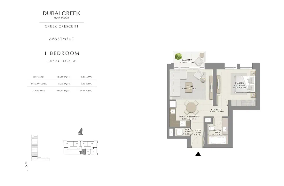 EMAAR Creek Crescent Dubai 1 BR Floor Plan 684 Sq. Ft.