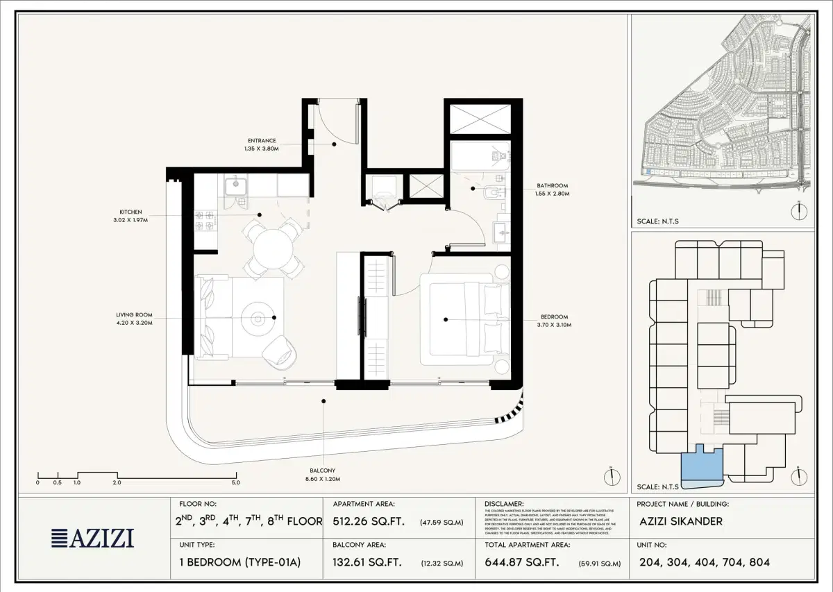  Azizi Sikander at Al Furjan Dubai 1 BR Floor Plan 644 Sq. Ft.