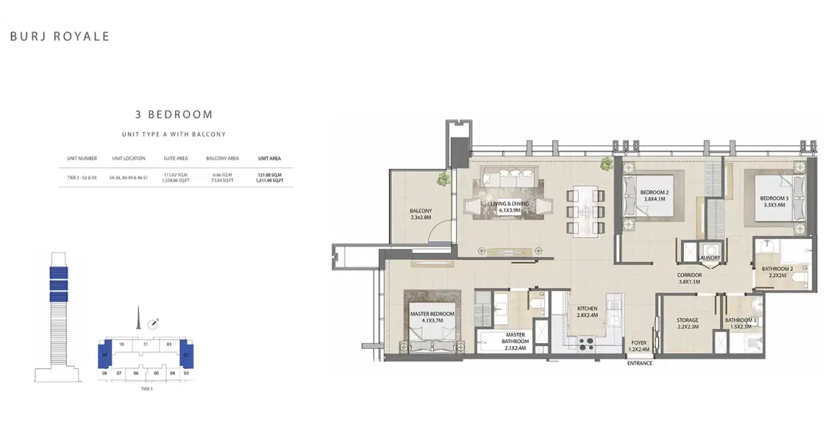 EMAAR Burj Royale Dubai 3 BR Floor Plan 1,311 Sq. Ft.